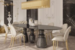 Prabangūs valgomojo stalai elegantiškam interjerui